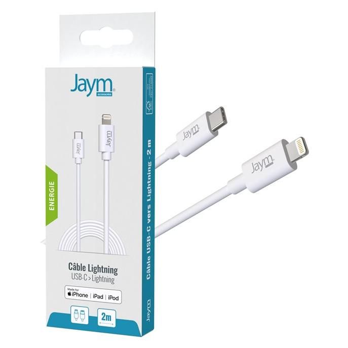 Cable JAYM Lightning - 2 m, USB-C a Lightning, Blanco, Certificado MFI, Soporta Entrega de Energía, Carga y Sincronización