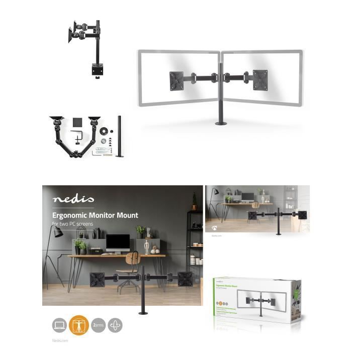 Nedis Ergonomic Monitor Stand for 2 Screens - 14-24" - 75x75 / 100x100 Adjustability