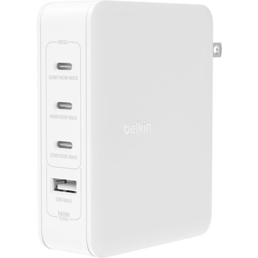 Cargador de pared Belkin BoostCharge Pro Gan de 4 puertos y 140 W, blanco