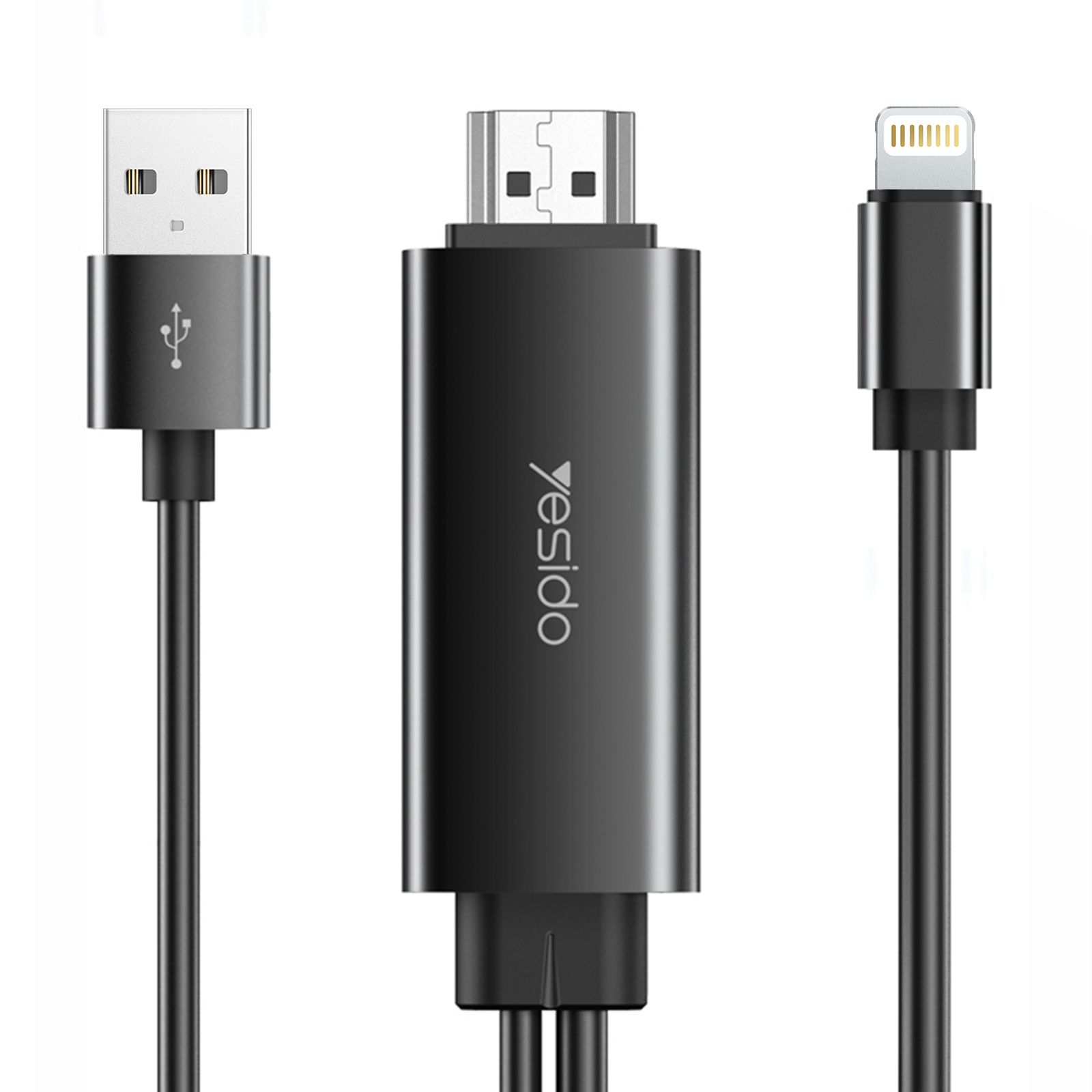 Cable Lightning a HDMI 1080p Yesido con interfaz de carga USB, 1,8 m Negro