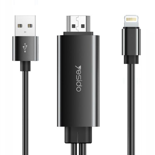 Câble Lightning vers HDMI 1080p Yesido avec interface de charge USB, 1,8 m Noir