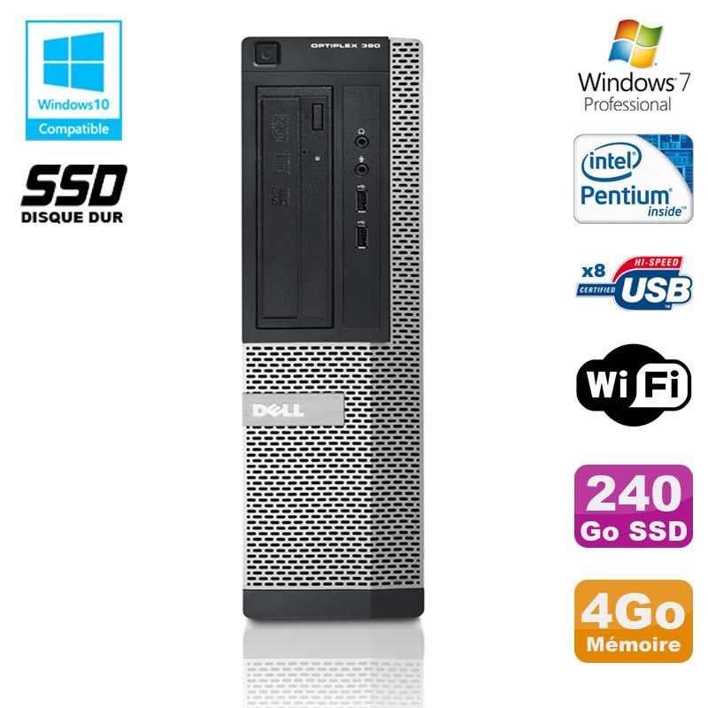 Dell Optiplex 390 DT G630 Desktop PC - 2.7GHz, 4GB RAM, 240GB SSD, DVD Burner, WiFi, HDMI, Windows 7 Pro
