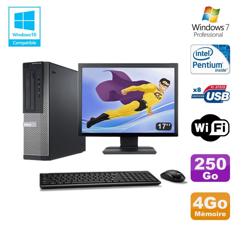 Dell Optiplex 390 DT G630 PC - 4GB RAM, 250GB HDD, DVD Burner, WiFi, Windows 7 Pro + 17" Screen