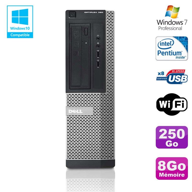 Dell Optiplex 390 DT Desktop Computer - Intel Pentium G630, 8GB RAM, 250GB HDD, DVD Burner, WiFi, HDMI, Windows 7 Pro