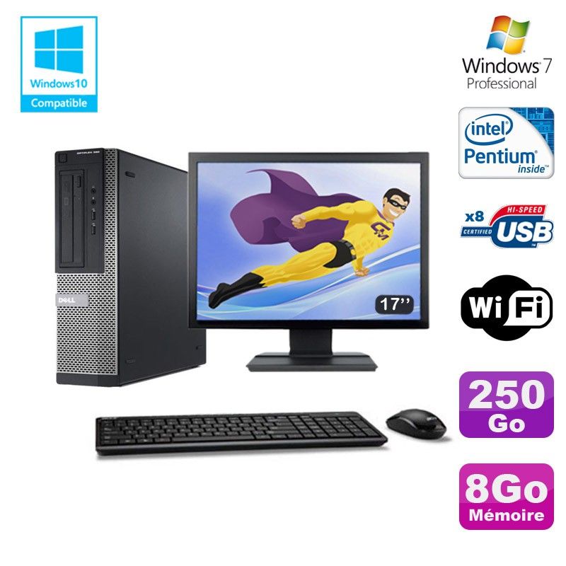 Dell Optiplex 390 DT G630 PC - 8GB RAM, 250GB HDD, DVD Burner, WiFi, Windows 7 Pro + 17inch Screen