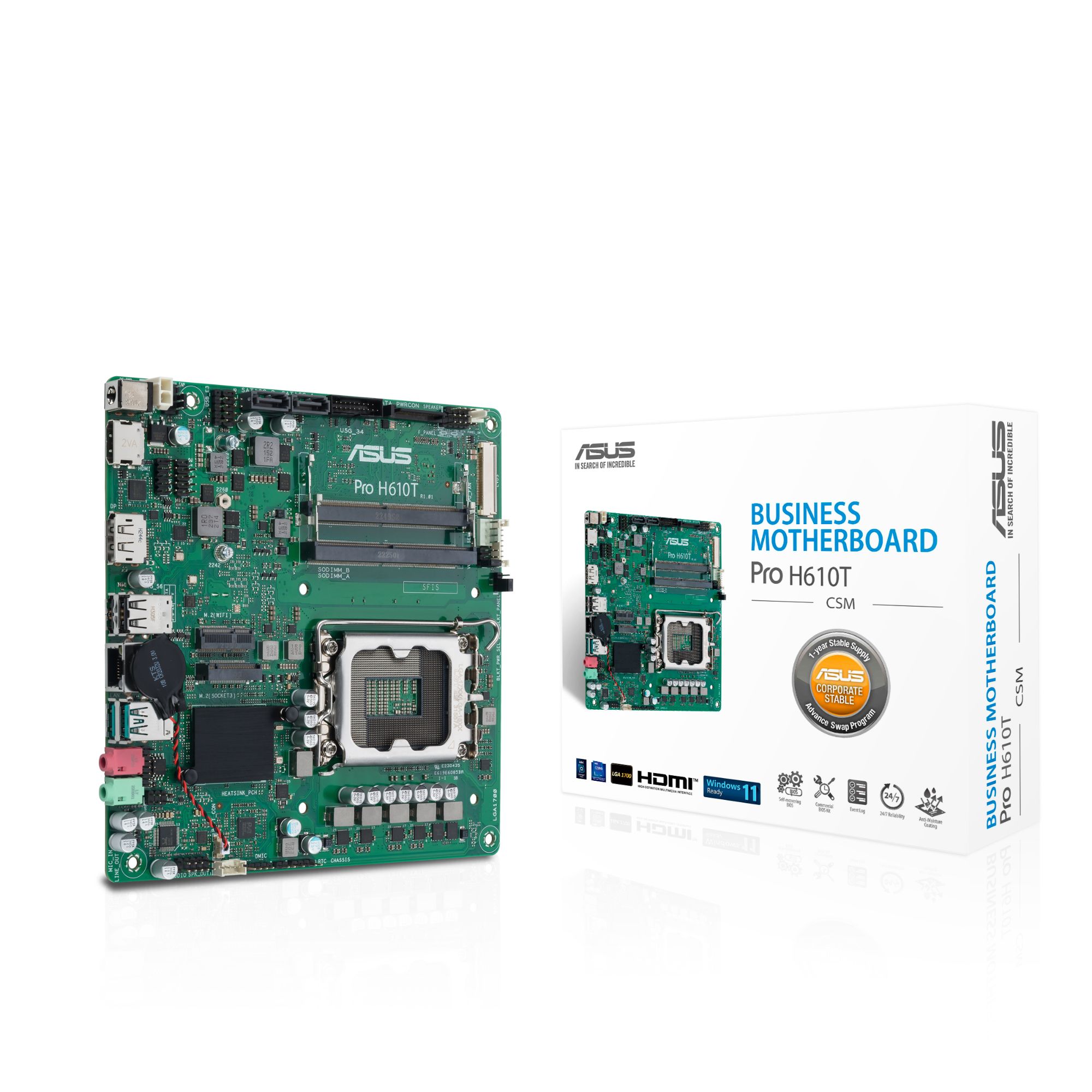 ASUS Pro H610T-CSM Mini ITX Motherboard - Socket LGA1700 - H610 Chipset - 2x DDR4 RAM - USB 3.2 - Gigabit LAN - Integrated Graphics - 8-Channel HD Audio