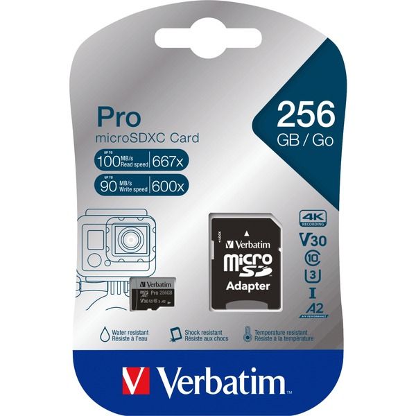 Tarjeta de memoria flash Verbatim PRO U3 (adaptador microSDXC a SD incluido) - 256 GB - A2 / UHS-I U3 / Clase 10 - microSDXC UHS-I