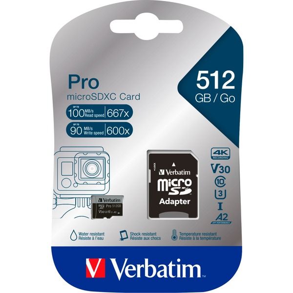 Tarjeta de memoria flash Verbatim PRO U3 - 512 GB (adaptador microSD a SD incluido)