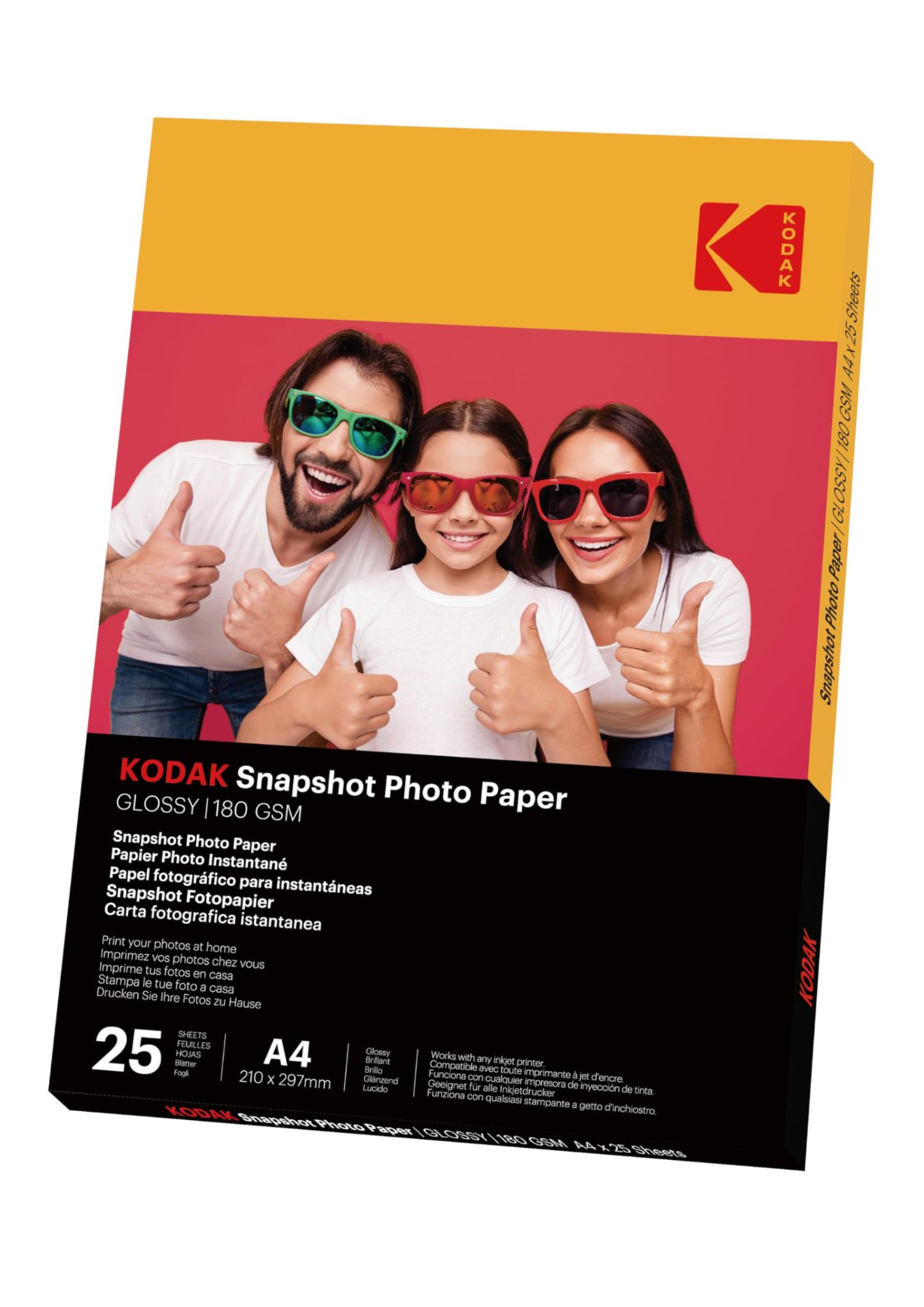 Papel fotográfico instantáneo Kodak - Paquete de 25 hojas formato A4 (21 x 29,7 cm) acabado brillante 180 gsm compatible con impresoras de inyección de tinta