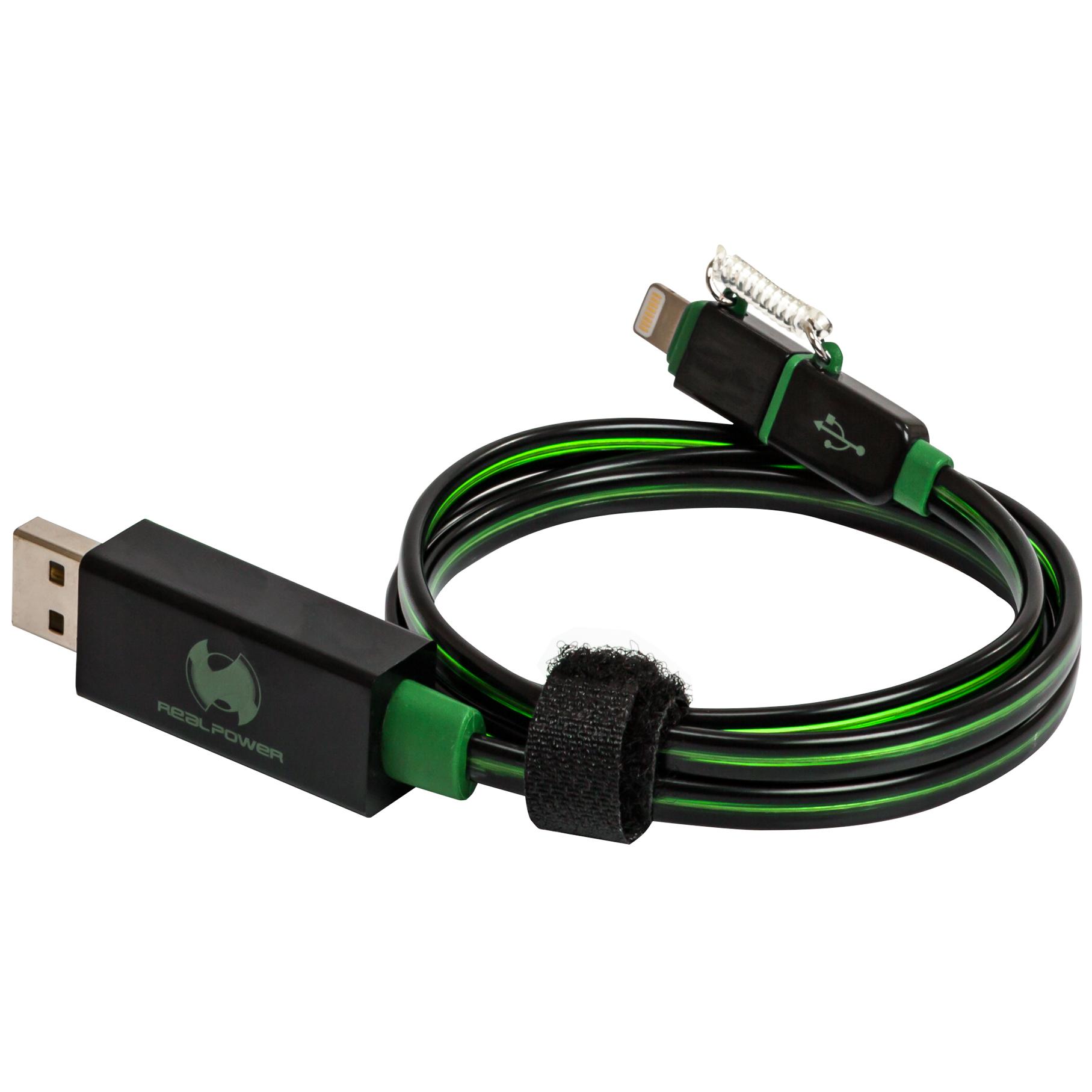 RealPower USB A to Lightning Cable, 0.75m, Black and Green