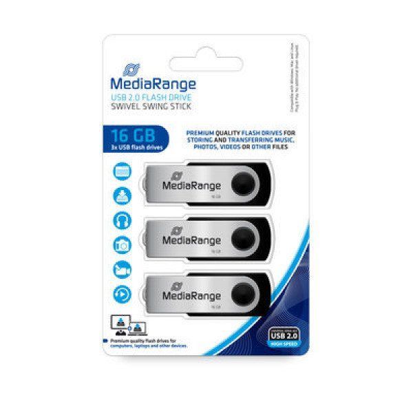 MediaRange 16GB USB 2.0 Flash Drive (Black, Grey - Pack of 3)