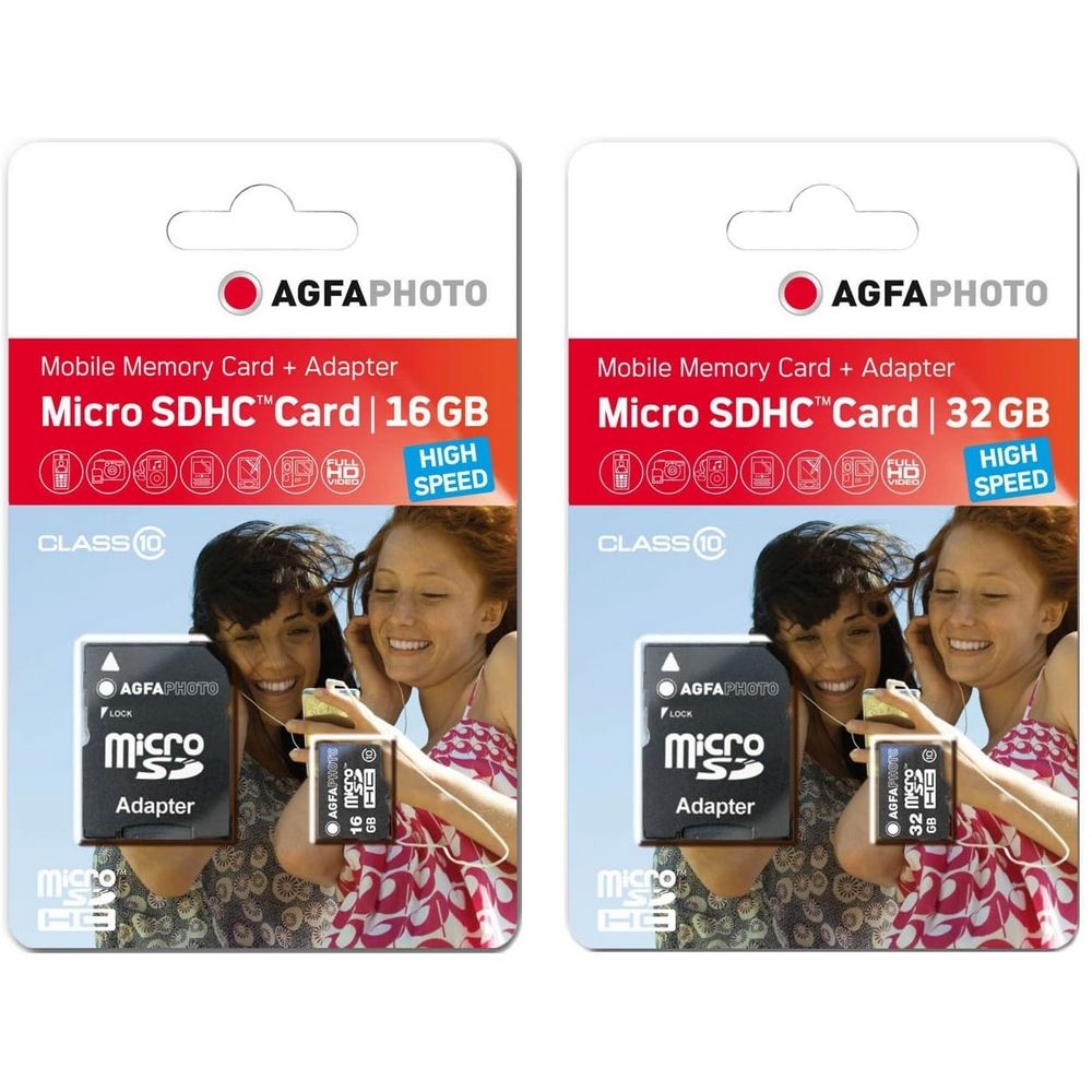 AgfaPhoto Pack de 2 Cartes Mémoire Micro SDHC - Capacité totale 16Go + 32Go - Noir