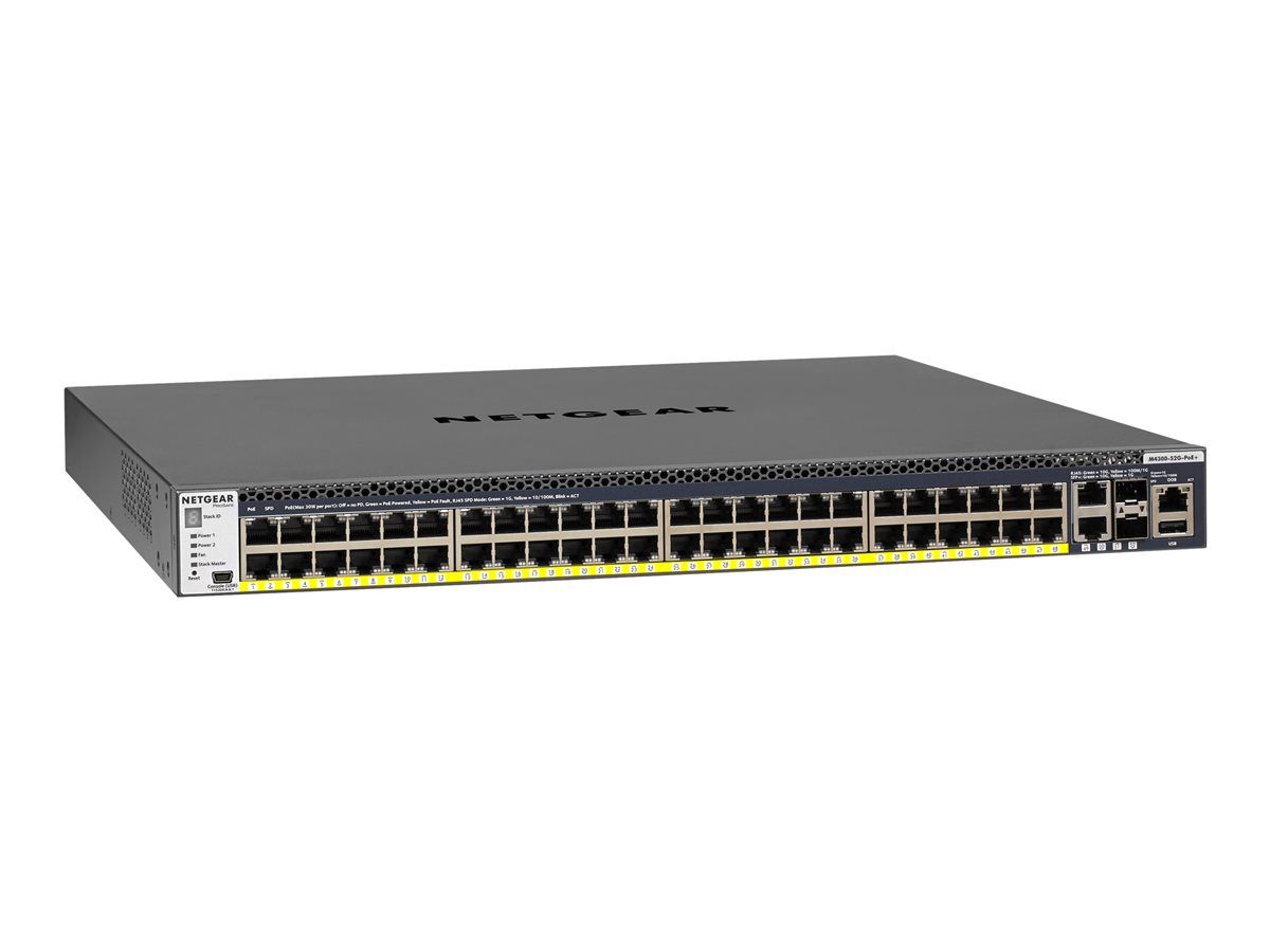 Netgear M4300-52G-PoE+ - Managed Switch - C3 - 2 x 10/100/1000/10000 + 2 x 10Gb SFP+ + 48 x 10/100/1000 (PoE+) - Airflow Front-to-Back - Rack-mountable - PoE+ (860W)