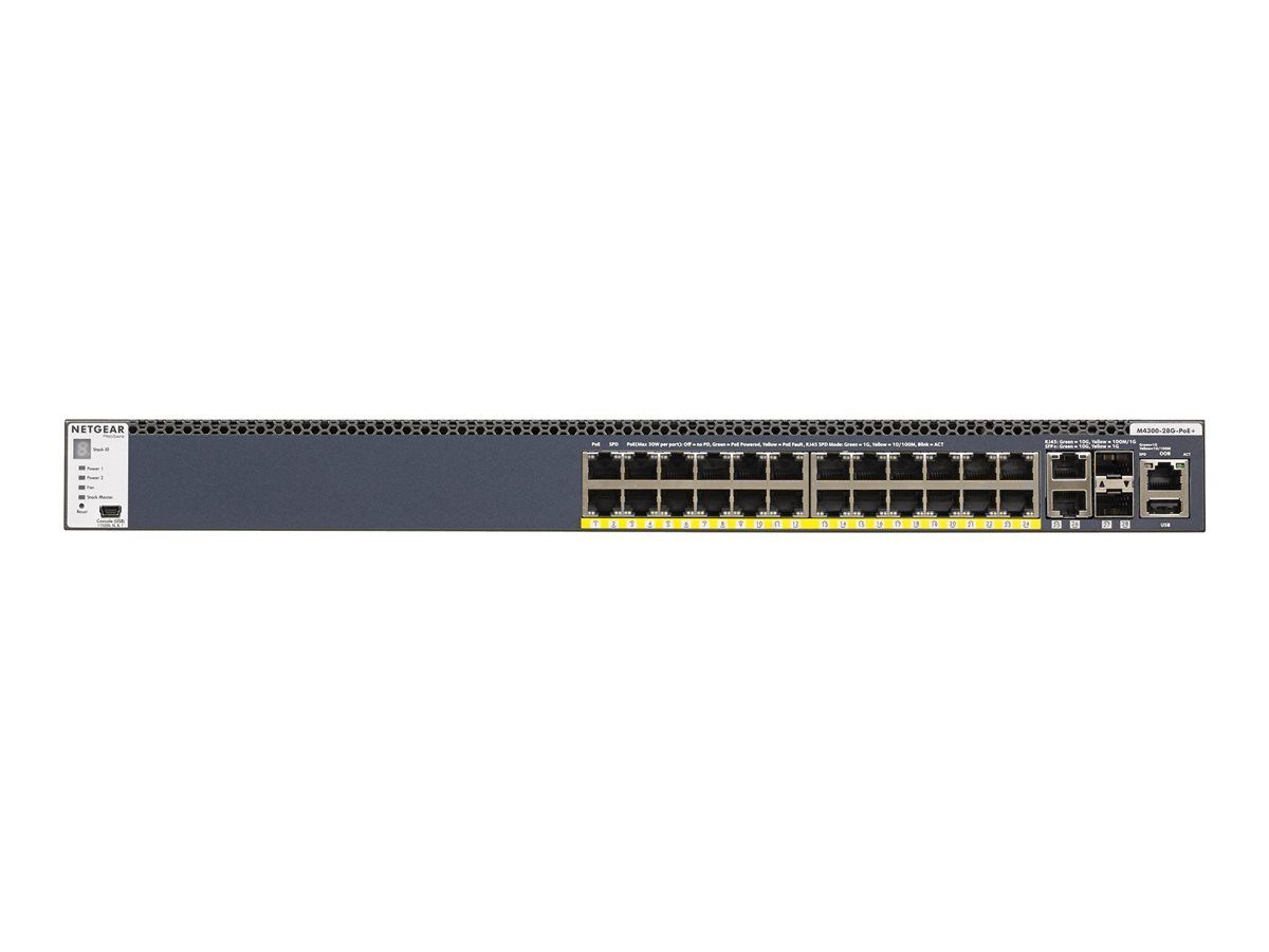Netgear M4300-28G-PoE+ - Managed Switch - C3 - 2 x 10/100/1000/10000 + 2 x 10 Gigabit SFP+ + 24 x 10/100/1000 (PoE+) - Airflow Front-to-Back - Rack-mountable - PoE+ (480W)