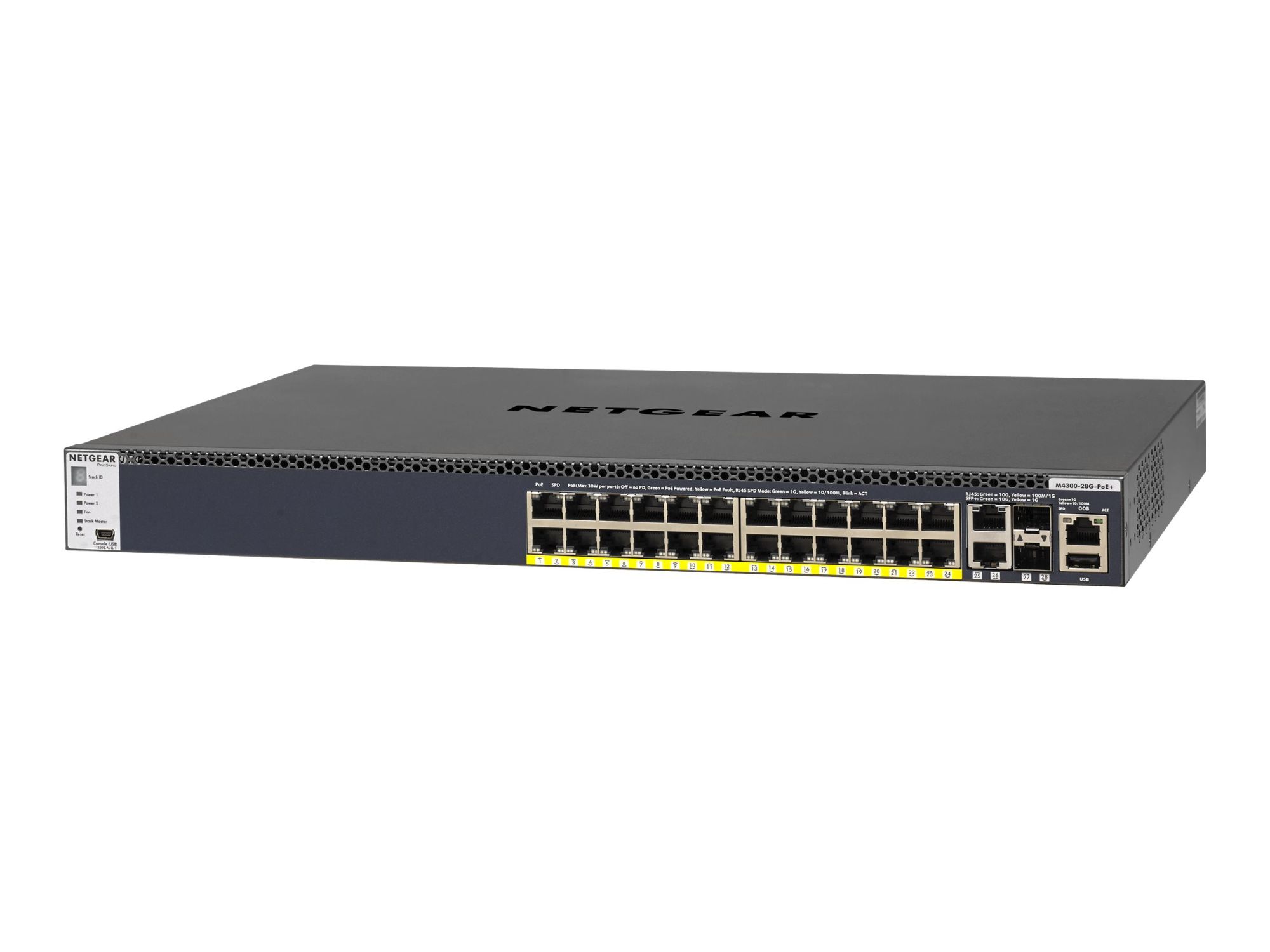 Netgear M4300-28G-PoE+ - Managed Switch - C3 - 2 x 10/100/1000/10000 + 2 x 10 Gigabit SFP+ + 24 x 10/100/1000 (PoE+) - Airflow Front-to-Back - Rack-mountable - PoE+ (720 W)