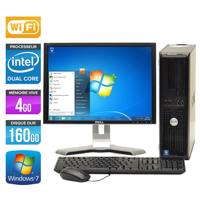 PC de escritorio Dell Optiplex 780 + Pantalla de 19' - Procesador Intel Core Duo E5300 / 2,60 GHz - 4GB RAM - Disco duro de 160 GB - Lector de DVD - Ethernet Gigabit - Wi-Fi - Windows 7 Profesional