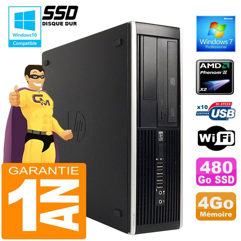 Ordinateur de bureau HP Compaq 6005 Pro SFF - Processeur AMD Phenom II, 4 Go de RAM, 480 Go SSD, Wi-Fi, Windows 7 Professionnel