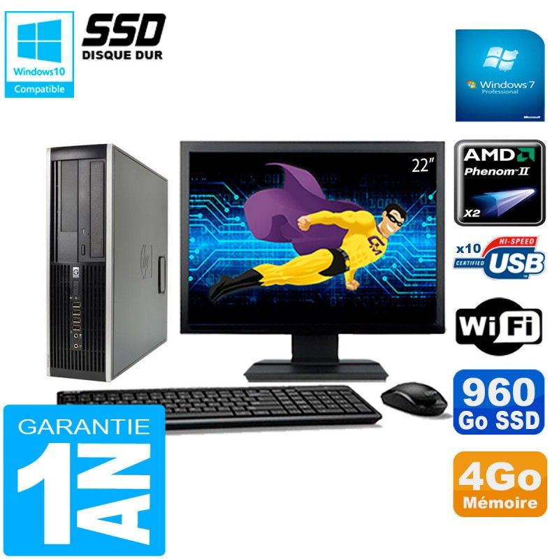 HP Compaq 6005 Pro SFF Desktop PC - 22" Screen, AMD Phenom II, 4GB RAM, 960GB SSD, WiFi, Windows 7 Pro