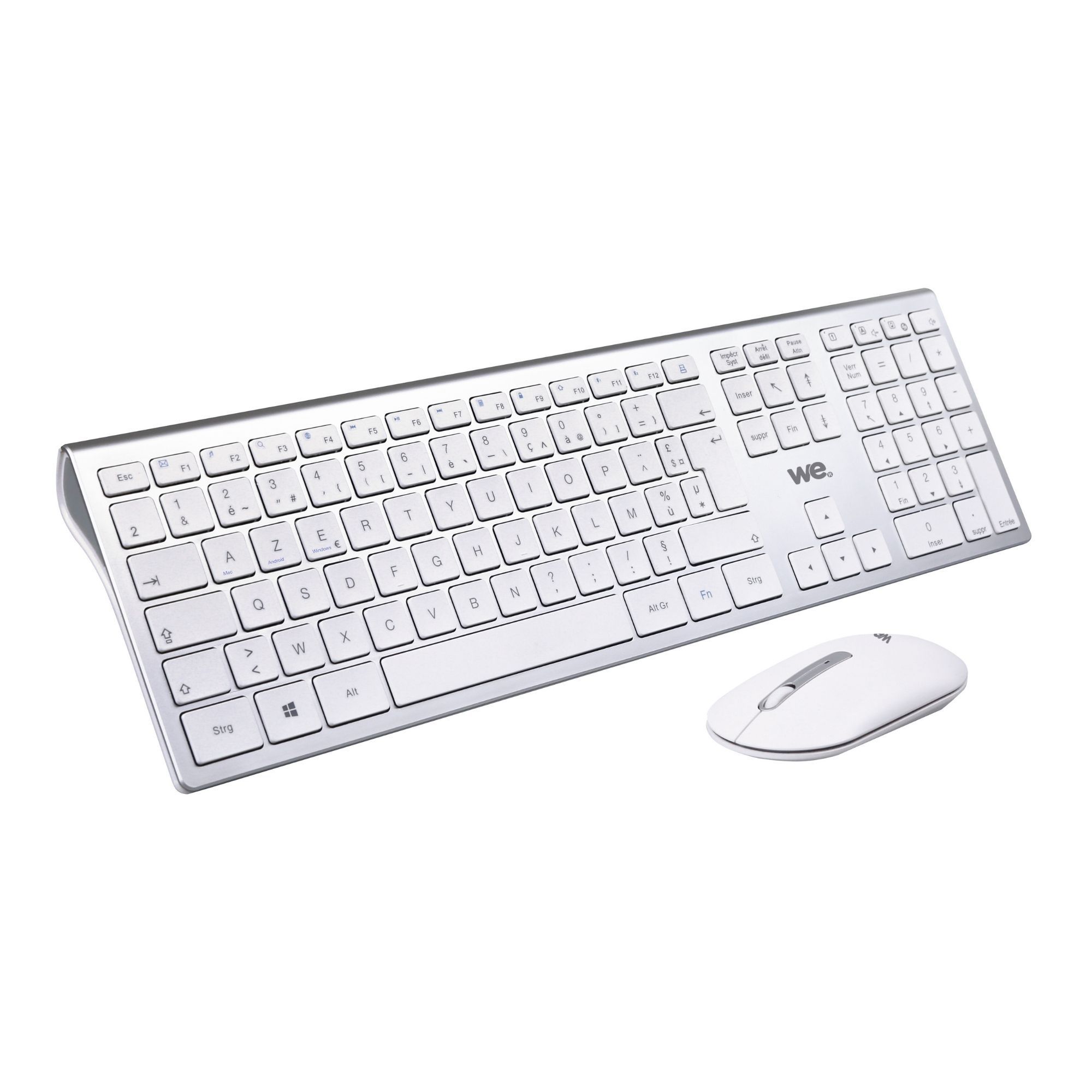 Ensemble clavier et souris sans fil WE avec connexion Bluetooth et conception en aluminium 2,4 GHz, connexion multi-appareils (jusqu'à 3 appareils), 12 touches multimédias, piles incluses - Blanc