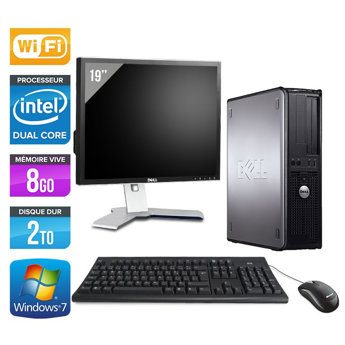 PC de escritorio Dell Optiplex 780 + Monitor de 19'' - Procesador Intel Core Duo E5300 / 2,60 GHz - 8 GB de RAM - Disco duro de 2 TB - Lectora de DVD - Ethernet Gigabit - Wifi - Windows 7 Profesional