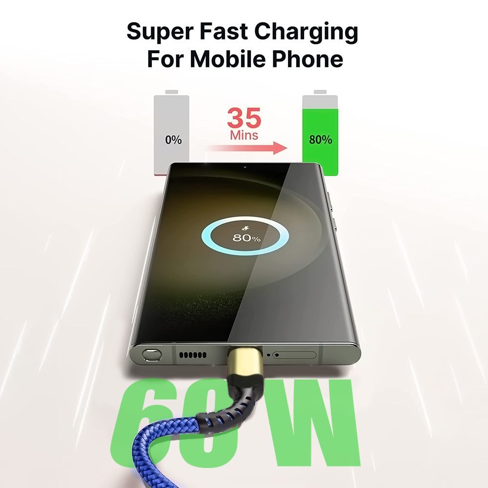 E.F.Connection 60W Quick Charge USB-C to USB-C Cable for iPhone 15 - 15 Plus - 15 Pro - 15 Pro Max, 1M Nylon Braided Blue