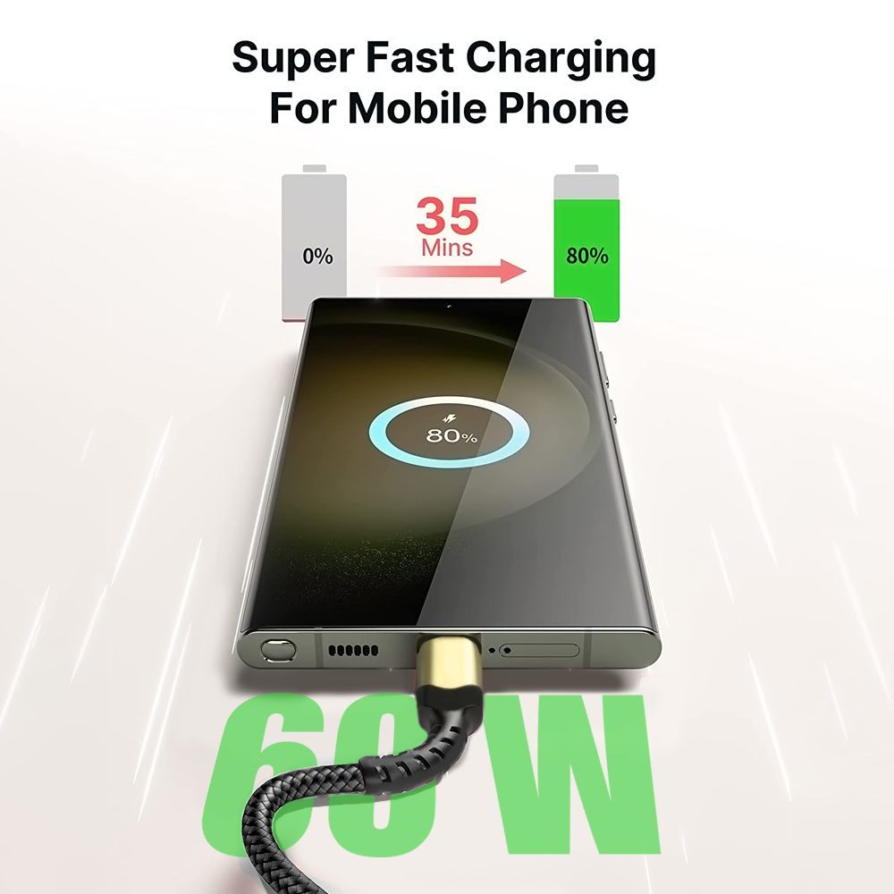 E.F.Connection 3x Fast 60W USB-C to USB-C Cable for iPhone 15 Series - Black Braided Nylon 1M