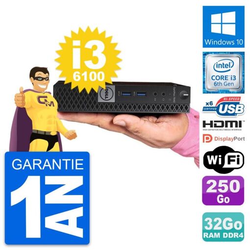 PC Mini Dell 7040 - Intel Core i3-6100T, 32GB RAM, 250GB SSD, HDMI, WiFi, Windows 10