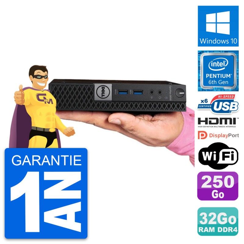 Dell Mini PC 5050 - Intel G4400T, 32GB RAM, 250GB SSD, HDMI, WiFi, Windows 10