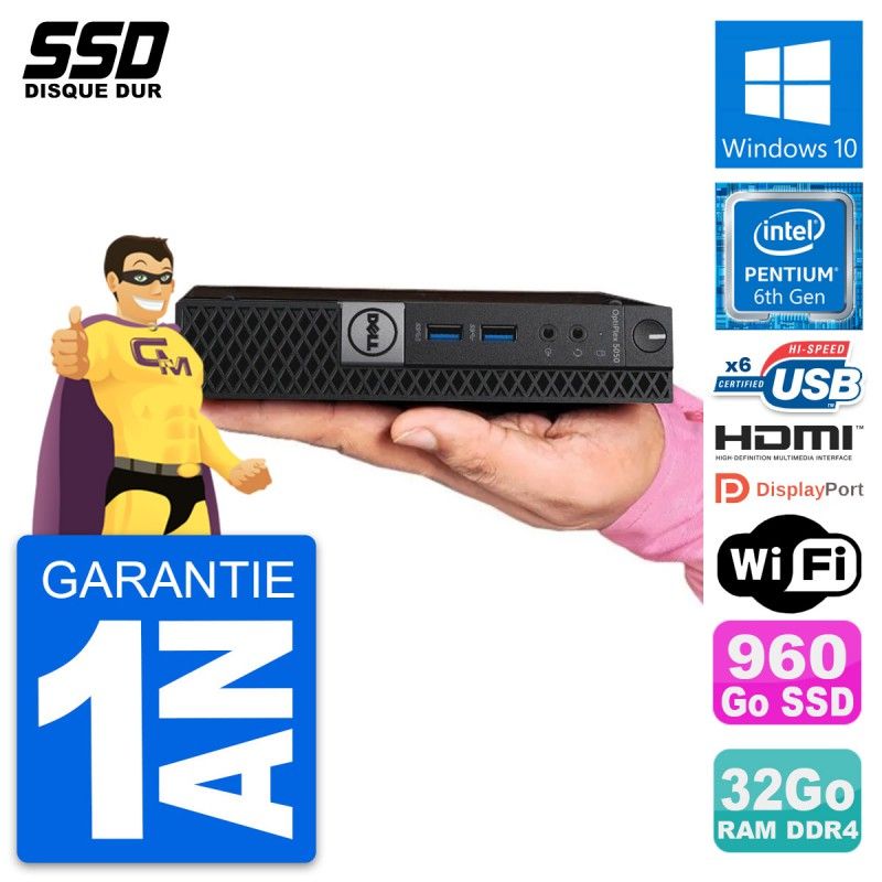 Dell Mini PC 5050 - Pentium G4400T, 32GB RAM, 960GB SSD, HDMI, WiFi, Windows 10