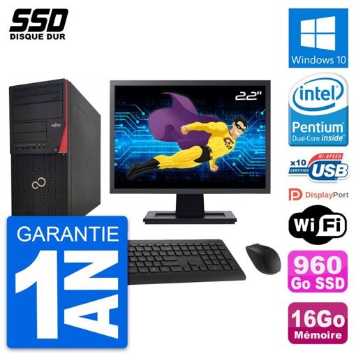Torre Fujitsu P920 - Monitor de 22', Procesador Intel G3220, 16GB de RAM, 960GB SSD, Windows 10, WiFi