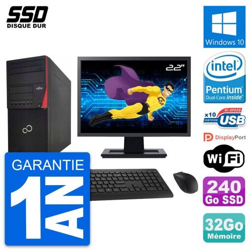 Torre Fujitsu P920 - Pantalla de 22 pulgadas, Procesador Intel G3220, 32 GB de RAM, 240 GB SSD, Windows 10, WiFi