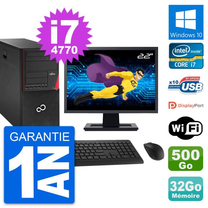 Fujitsu P920 22-inch PC Tower - i7-4770, 32GB RAM, 500GB HDD, Windows 10, WiFi