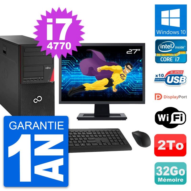 Fujitsu P920 Tower PC - 27" Screen, Intel i7-4770, 32GB RAM, 2TB Hard Drive, Windows 10, WiFi