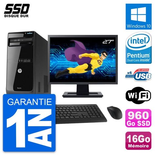 PC de escritorio HP Pro 3400 MT - Pantalla de 27", Procesador Intel G630, 16 GB de RAM, 960 GB SSD, Windows 10, WiFi