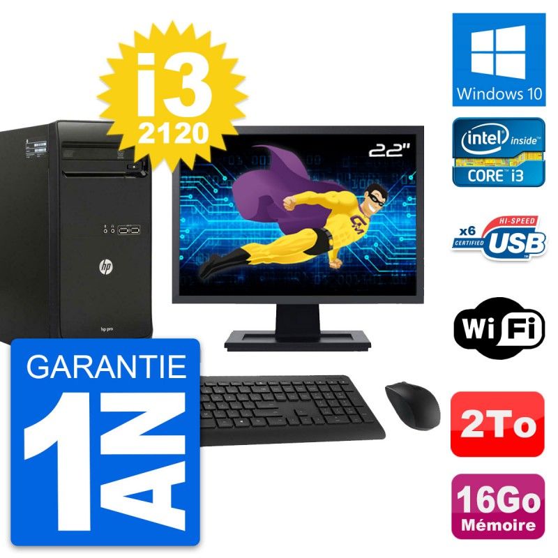 HP Pro 3400 MT Desktop PC - 22" Screen, i3-2120, 16GB RAM, 2TB HDD, Windows 10, Wifi