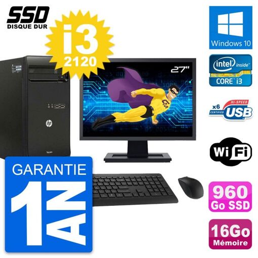 PC de sobremesa HP Pro 3400 MT - Pantalla de 27", Procesador Intel Core i3-2120, 16 GB de RAM, 960 GB SSD, Windows 10, WiFi