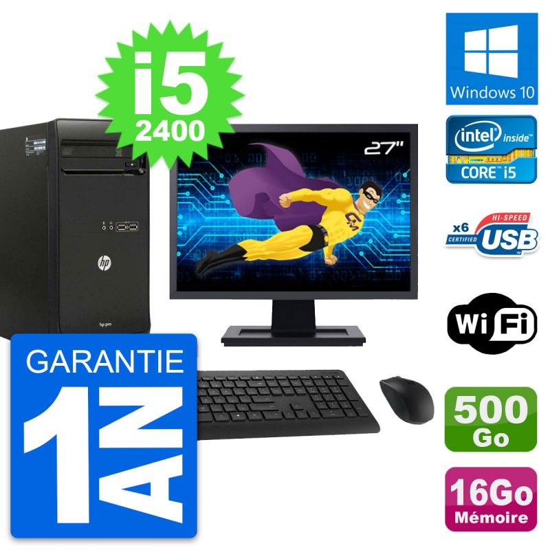 HP Pro 3400 MT Desktop PC - 27" Screen, i5-2400, 16GB RAM, 500GB HDD, Windows 10, WiFi
