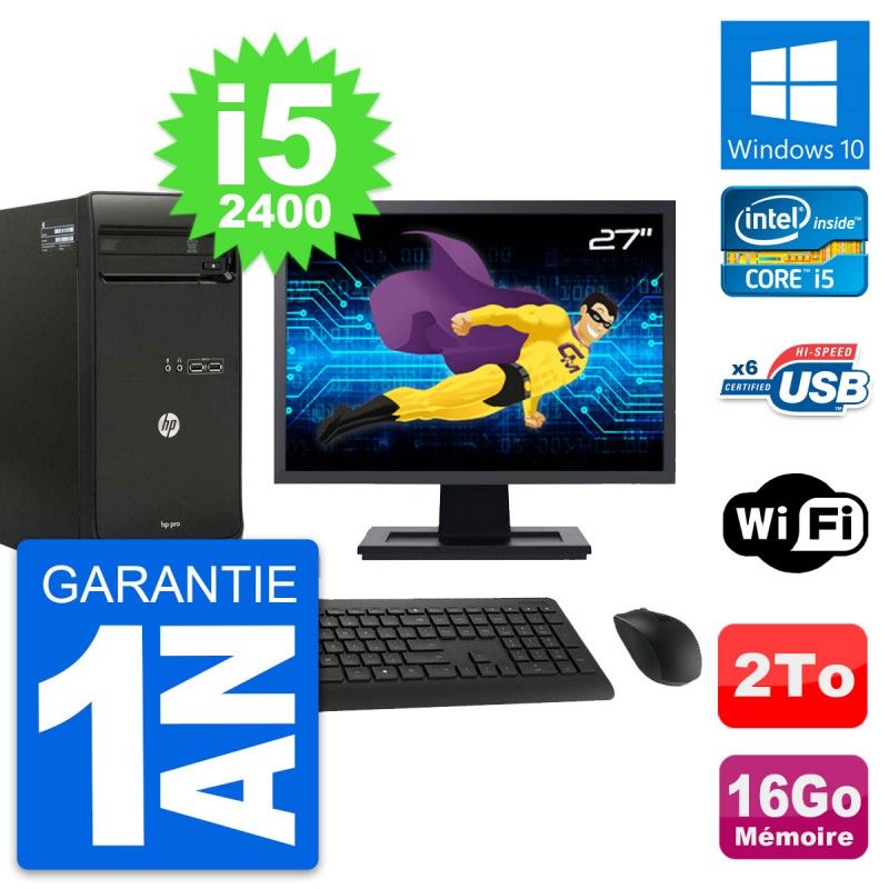 HP Pro 3400 MT Desktop PC - 27" Screen, i5-2400, 16GB RAM, 2TB HDD, Windows 10, WiFi