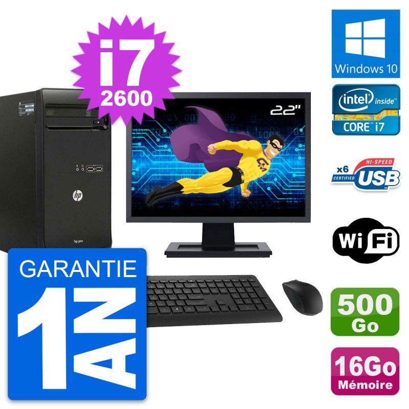 HP Pro 3400 MT Desktop PC - 22" Screen, i7-2600, 16GB RAM, 500GB HDD, Windows 10, WiFi
