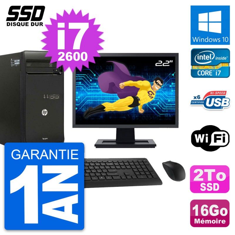 HP Pro 3400 MT Desktop PC - 22" Screen, Core i7-2600, 16GB RAM, 2TB SSD, Windows 10, WiFi