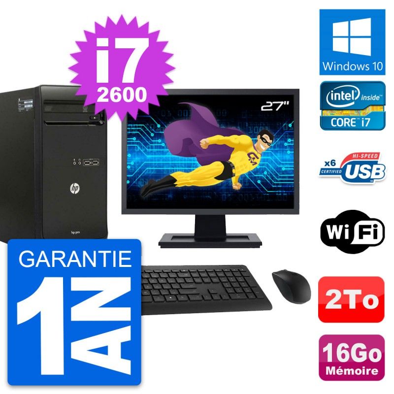 HP Pro 3400 MT Desktop PC - 27" Screen, i7-2600, 16GB RAM, 2TB HDD, Windows 10, WiFi