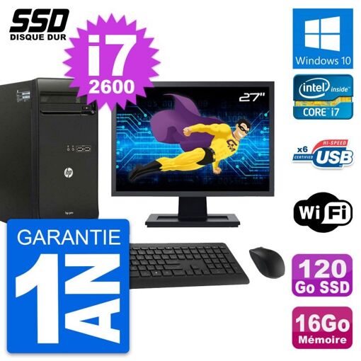 PC de sobremesa HP Pro 3400 MT - Pantalla de 27'', Intel Core i7-2600, 16GB RAM, 120GB SSD, Windows 10, WiFi
