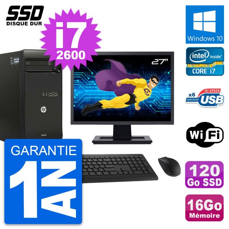 HP Pro 3400 MT Desktop PC - 27" Screen, Core i7-2600, 16GB RAM, 120GB SSD, Windows 10, WiFi