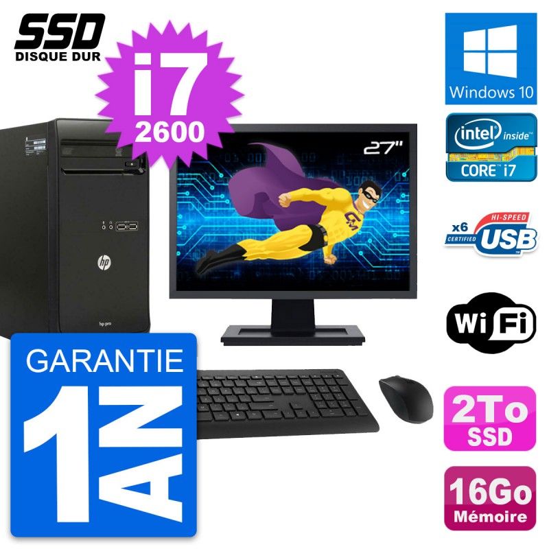 HP Pro 3400 MT Desktop PC - 27" Screen, Core i7-2600, 16GB RAM, 2TB SSD, Windows 10, WiFi