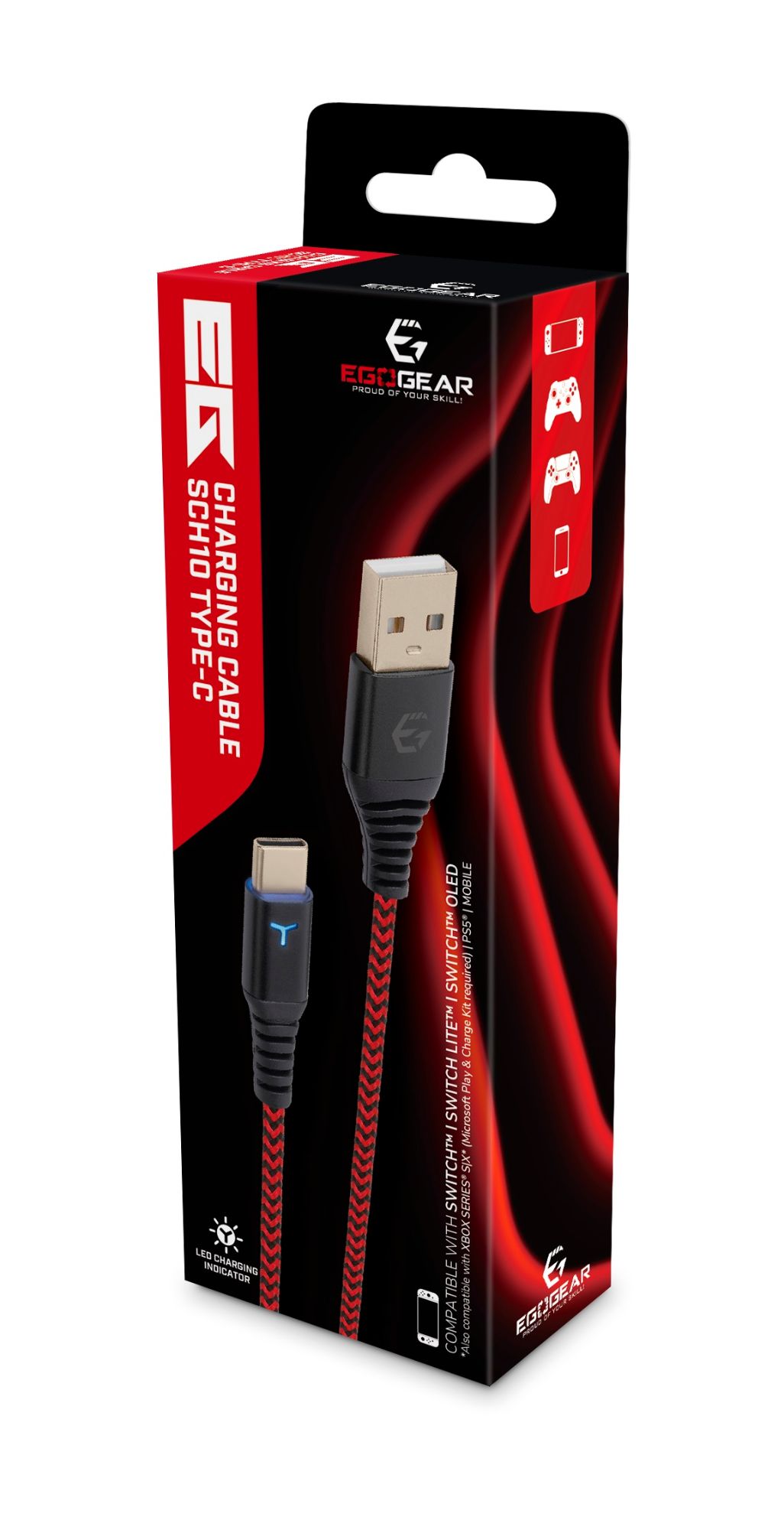 EgoGear - Câble de recharge tressé USB-C SCH10 Rouge et Noir, 3m, pour Switch, Switch Lite, OLED, PS5 et Xbox Series XS