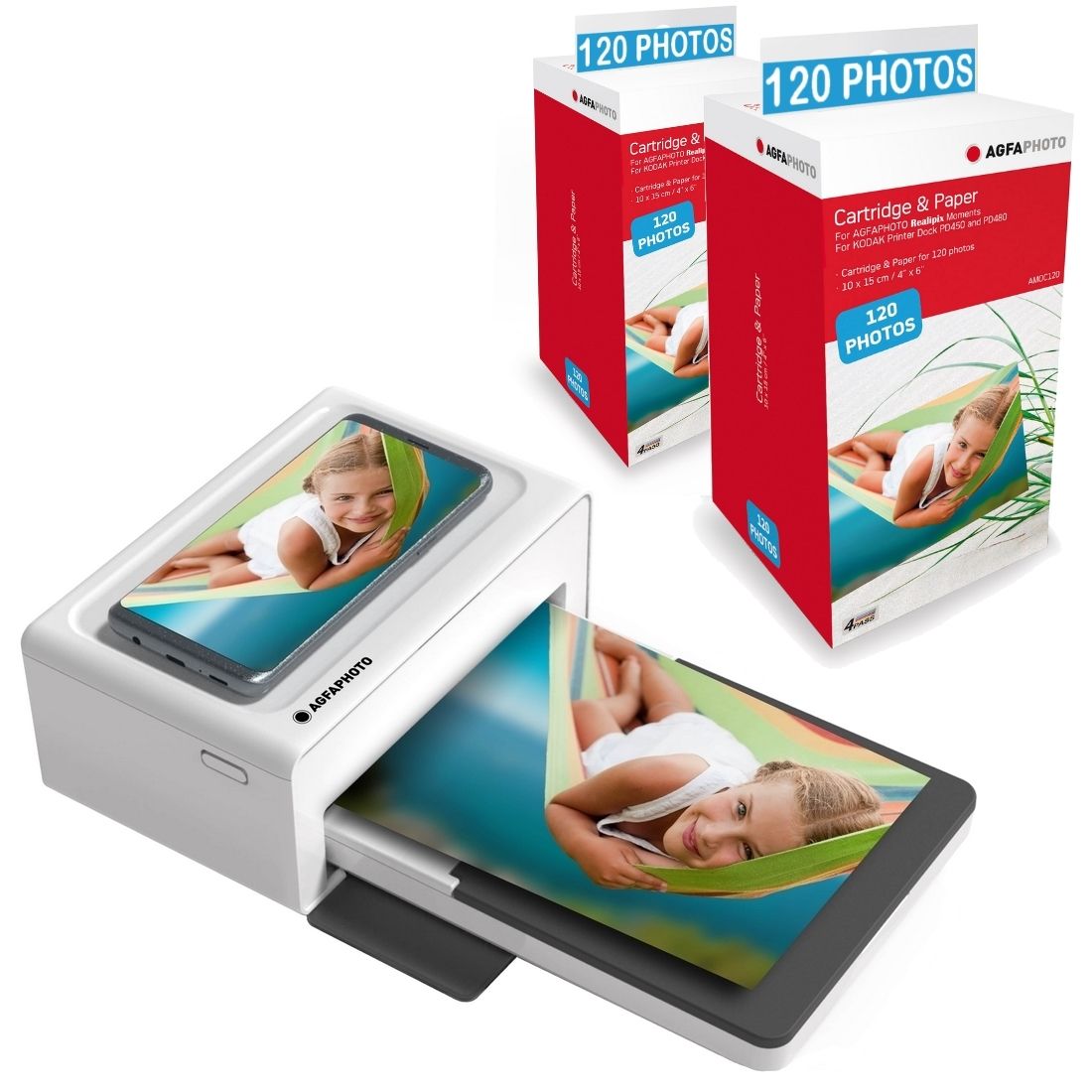 Agfaphoto Realipix Moments Printers + Cartridges and Paper - 240 Additional Photos - Bluetooth Photo Printing 10x15 cm for Apple & Android Smartphones, 4Pass Thermal Sublimation - White
