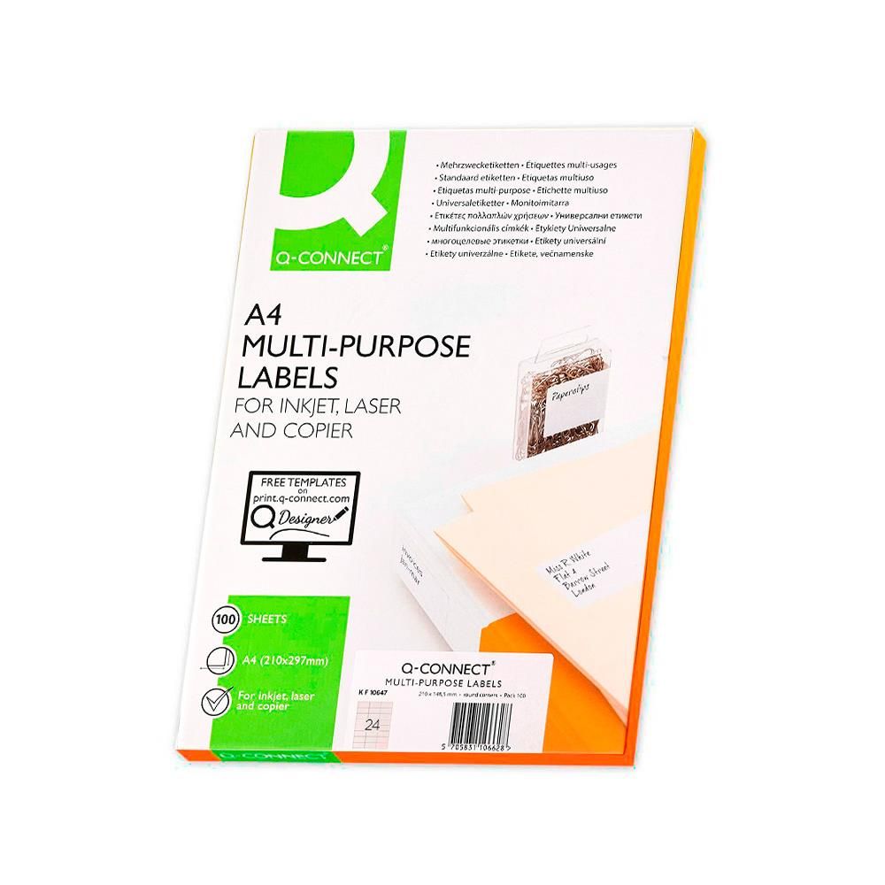Q-connect Laser/Inkjet Label, 70x37mm, Square Corners, Permanent Adhesive, 100 Sheets (A4 Size)