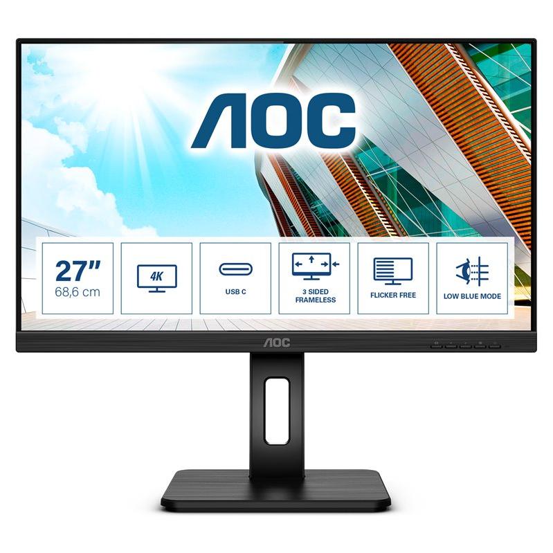 AOC U27P2CA 4K IPS LED Monitor - 27" (3840x2160 @ 60Hz, 350cd/m², 4ms, HDMI, DisplayPort, USB-C)