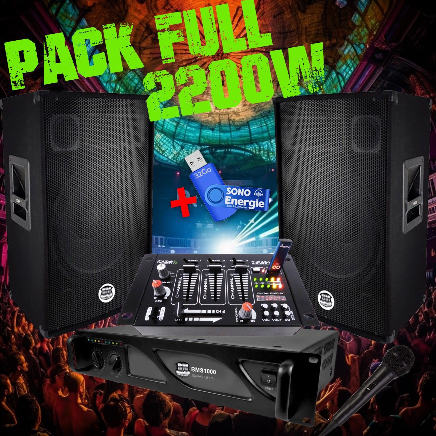 Kit de Sonorización BM Sonic 2200W con Amplificador, Altavoces, Mezclador y Llave USB 32GB