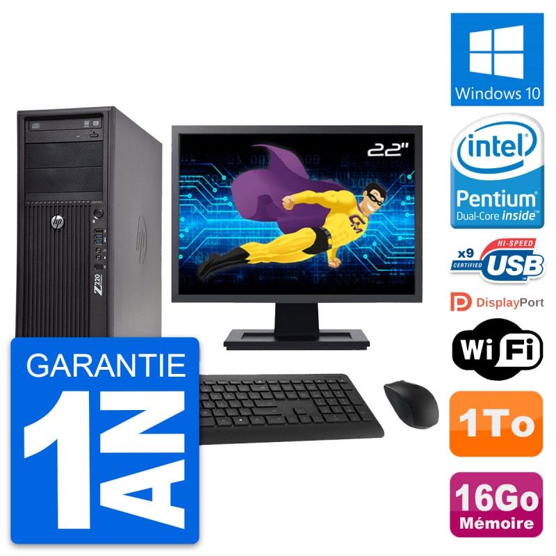 HP WorkStation Z220 Desktop PC - 22" Screen, Intel Pentium G2020, 16GB RAM, 1TB HDD, Windows 10, WiFi